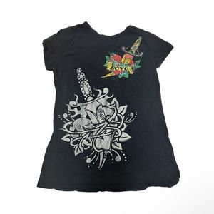 Y2K Wet Seal Grunge Bedazzled Rhinestone “Love” Black Baby Tee Shirt Sz S/M